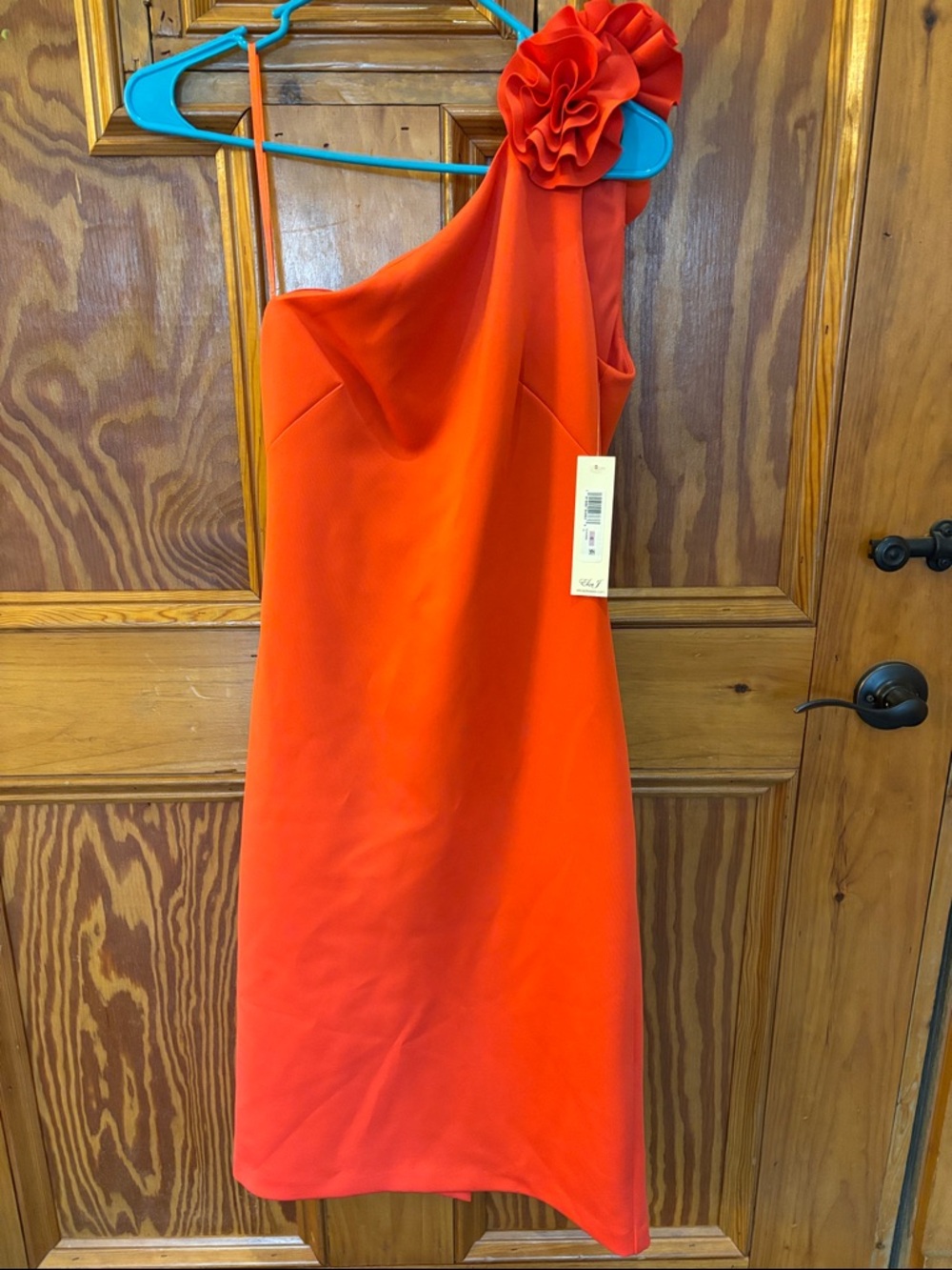 Eliza J One-Shoulder Bright Orange Floral Appliqué Dress